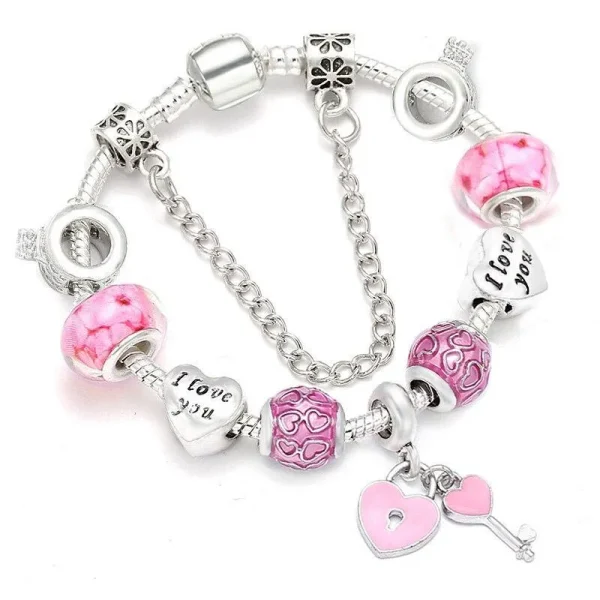 girls’ pandora-inspired bracelet with heart and lock charms – age 10